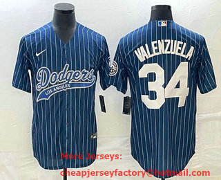 Men's Los Angeles Dodgers #34 Fernando Valenzuela Blue Pinstripe Cool Base Stitched Baseball Jersey