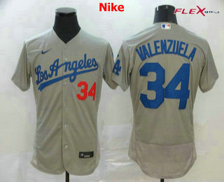 Men's Los Angeles Dodgers #34 Fernando Valenzuela Gray Road Stitched MLB Flex Base Nike Jersey
