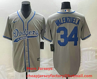 Men's Los Angeles Dodgers #34 Fernando Valenzuela Grey With Patch Cool Base Stitched Baseball Jersey 01
