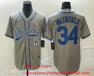 Men's Los Angeles Dodgers #34 Fernando Valenzuela Grey With Patch Cool Base Stitched Baseball Jersey 02