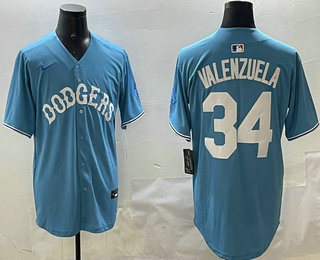 Men's Los Angeles Dodgers #34 Fernando Valenzuela Light Blue Limited Throwback Stitched Jersey