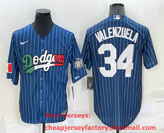 Men's Los Angeles Dodgers #34 Fernando Valenzuela Navy Blue Pinstripe 2020 World Series Cool Base Nike Jersey