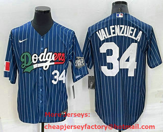 Men's Los Angeles Dodgers #34 Fernando Valenzuela Number Navy Blue Pinstripe Mexico 2020 World Series Cool Base Nike Jersey