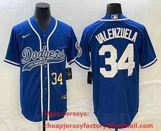 Men's Los Angeles Dodgers #34 Fernando Valenzuela Number Blue Cool Base Stitched Baseball Jersey