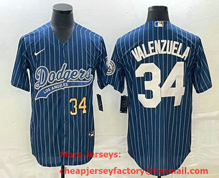 Men's Los Angeles Dodgers #34 Fernando Valenzuela Number Blue Pinstripe Cool Base Stitched Baseball Jersey