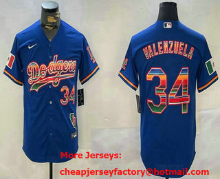 Men's Los Angeles Dodgers #34 Fernando Valenzuela Number Blue Rainbow Mexico Cool Base Stitched Jersey