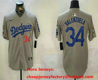 Men's Los Angeles Dodgers #34 Fernando Valenzuela Number Grey 2024 World Series With 34 Patch Limited Stitched Jersey