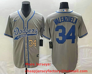 Men's Los Angeles Dodgers #34 Fernando Valenzuela Number Grey With Patch Cool Base Stitched Baseball Jersey 01