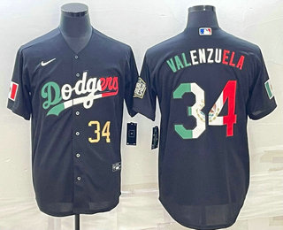 Men's Los Angeles Dodgers #34 Fernando Valenzuela Number Mexico Black Cool Base Stitched Baseball Jersey 11