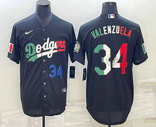 Men's Los Angeles Dodgers #34 Fernando Valenzuela Number Mexico Black Cool Base Stitched Baseball Jersey 12