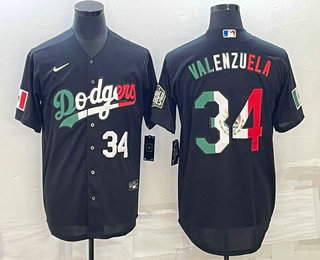 Men's Los Angeles Dodgers #34 Fernando Valenzuela Number Mexico Black Cool Base Stitched Baseball Jersey 13