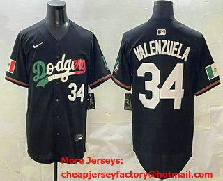 Men's Los Angeles Dodgers #34 Fernando Valenzuela Number Mexico Black Cool Base Stitched Baseball Jersey