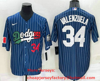Men's Los Angeles Dodgers #34 Fernando Valenzuela Number Navy Blue Pinstripe 2020 World Series Cool Base Nike Jersey