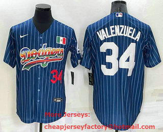Men's Los Angeles Dodgers #34 Fernando Valenzuela Number Rainbow Blue Red Pinstripe Mexico Cool Base Nike Jersey 01