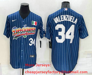 Men's Los Angeles Dodgers #34 Fernando Valenzuela Number Rainbow Blue Red Pinstripe Mexico Cool Base Nike Jersey