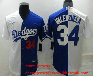 Men's Los Angeles Dodgers #34 Fernando Valenzuela Number White Blue Split Cool Base Stitched Baseball Jersey