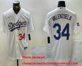 Men's Los Angeles Dodgers #34 Fernando Valenzuela Number White Gold Championship Stitched Cool Base Nike Jersey