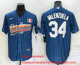 Men's Los Angeles Dodgers #34 Fernando Valenzuela Rainbow Blue Red Pinstripe Mexico Cool Base Nike Jersey