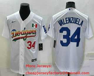 Men's Los Angeles Dodgers #34 Fernando Valenzuela Rainbow Number White Mexico Cool Base Nike Jersey