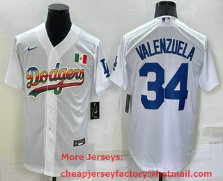 Men's Los Angeles Dodgers #34 Fernando Valenzuela Rainbow White Mexico Cool Base Nike Jersey