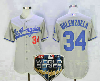 Men's Los Angeles Dodgers #34 Fernando Valenzuela Retired Gray Road 2018 World Series Patch Stitched MLB Majestic Flex Base Jersey