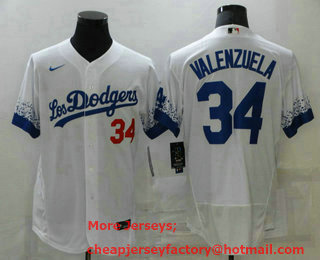 Men's Los Angeles Dodgers #34 Fernando Valenzuela White 2021 City Connect Flex Base Stitched Jersey