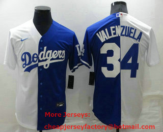 Men's Los Angeles Dodgers #34 Fernando Valenzuela White Blue Split Cool Base Stitched Baseball Jersey