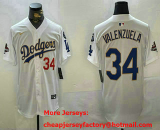 Men's Los Angeles Dodgers #34 Fernando Valenzuela White Gold 2024 World Series Champions Fernando 34 Patch Limited Jersey