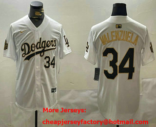 Men's Los Angeles Dodgers #34 Fernando Valenzuela White Gold 2024 World Series Fashion Limited Stitched Jersey