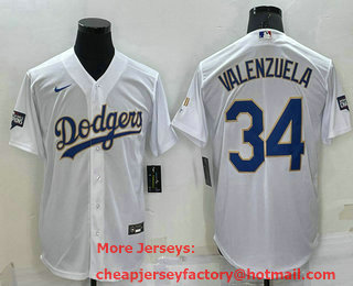 Men's Los Angeles Dodgers #34 Fernando Valenzuela White Gold Championship Stitched MLB Cool Base Nike Jersey