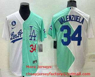 Men's Los Angeles Dodgers #34 Fernando Valenzuela White Green Number 2022 Celebrity Softball Game Cool Base Jersey 01