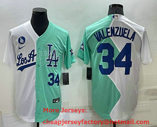 Men's Los Angeles Dodgers #34 Fernando Valenzuela White Green Number 2022 Celebrity Softball Game Cool Base Jersey 02