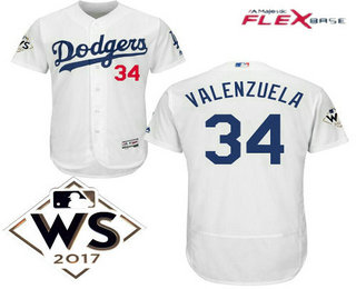 Men's Los Angeles Dodgers #34 Fernando Valenzuela White Home 2017 World Series Patch Flex Base MLB Jersey