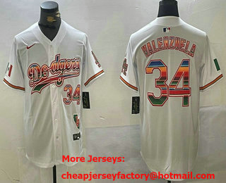 Men's Los Angeles Dodgers #34 Fernando Valenzuela White Rainbow Mexico Cool Base Stitched Fashion Jersey