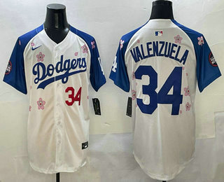 Men's Los Angeles Dodgers #34 Fernando Valenzuela White Royal 2025 Tokyo Series Limited Stitched Jersey