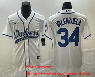 Men's Los Angeles Dodgers #34 Fernando Valenzuela White With Patch Cool Base Stitched Baseball Jersey 01