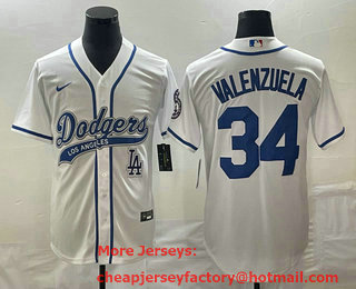Men's Los Angeles Dodgers #34 Fernando Valenzuela White With Patch Cool Base Stitched Baseball Jersey 02