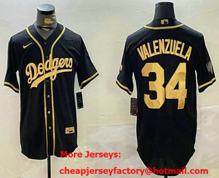 Men's Los Angeles Dodgers #34 Fernando Valenzuela Black Gold Cool Base Stitched Jersey 01
