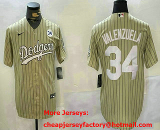 Men's Los Angeles Dodgers #34 Fernando Valenzuela Cream Pinstripe 34 Patch Stitched Cool Base Nike Jersey