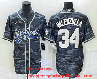 Men's Los Angeles Dodgers #34 Toro Valenzuela Gray Camo Cool Base With Patch Stitched Baseball Jersey 01