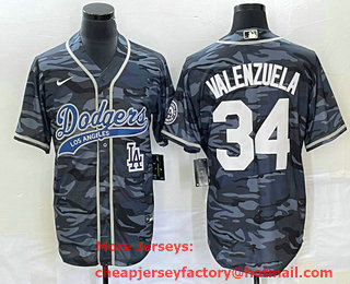 Men's Los Angeles Dodgers #34 Toro Valenzuela Gray Camo Cool Base With Patch Stitched Baseball Jersey 02