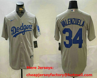 Men's Los Angeles Dodgers #34 Fernando Valenzuela Grey Cool Base Stitched Jersey