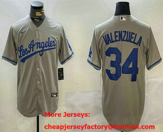 Men's Los Angeles Dodgers #34 Fernando Valenzuela Grey With los Cool Base Stitched Jersey