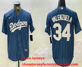 Men's Los Angeles Dodgers #34 Fernando Valenzuela Navy Blue Pinstripe Stitched Cool Base Nike Jersey