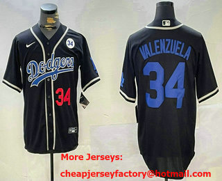 Men's Los Angeles Dodgers #34 Fernando Valenzuela Number Black 34 Patch Cool Base Stitched Jersey