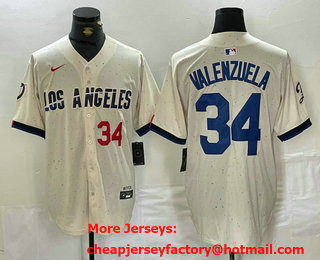 Men's Los Angeles Dodgers #34 Fernando Valenzuela Number Cream 2024 City Connect Limited Stitched Jersey