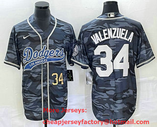 Men's Los Angeles Dodgers #34 Toro Valenzuela Number Gray Camo Cool Base With Patch Stitched Baseball Jersey 01