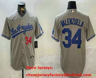 Men's Los Angeles Dodgers #34 Fernando Valenzuela Number Grey With los Cool Base Stitched Jersey