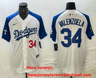 Men's Los Angeles Dodgers #34 Fernando Valenzuela Number White Blue Fashion Stitched Cool Base Limited Jersey 11