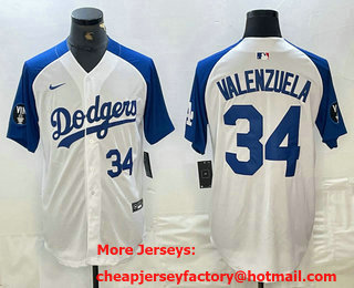 Men's Los Angeles Dodgers #34 Fernando Valenzuela Number White Blue Fashion Stitched Cool Base Limited Jersey 12